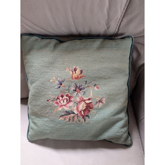 Vintage Needlepoint Floral Throw Pillow 16x16 Inches Green Velvet Back Zipper Cl - Picture 1 of 7